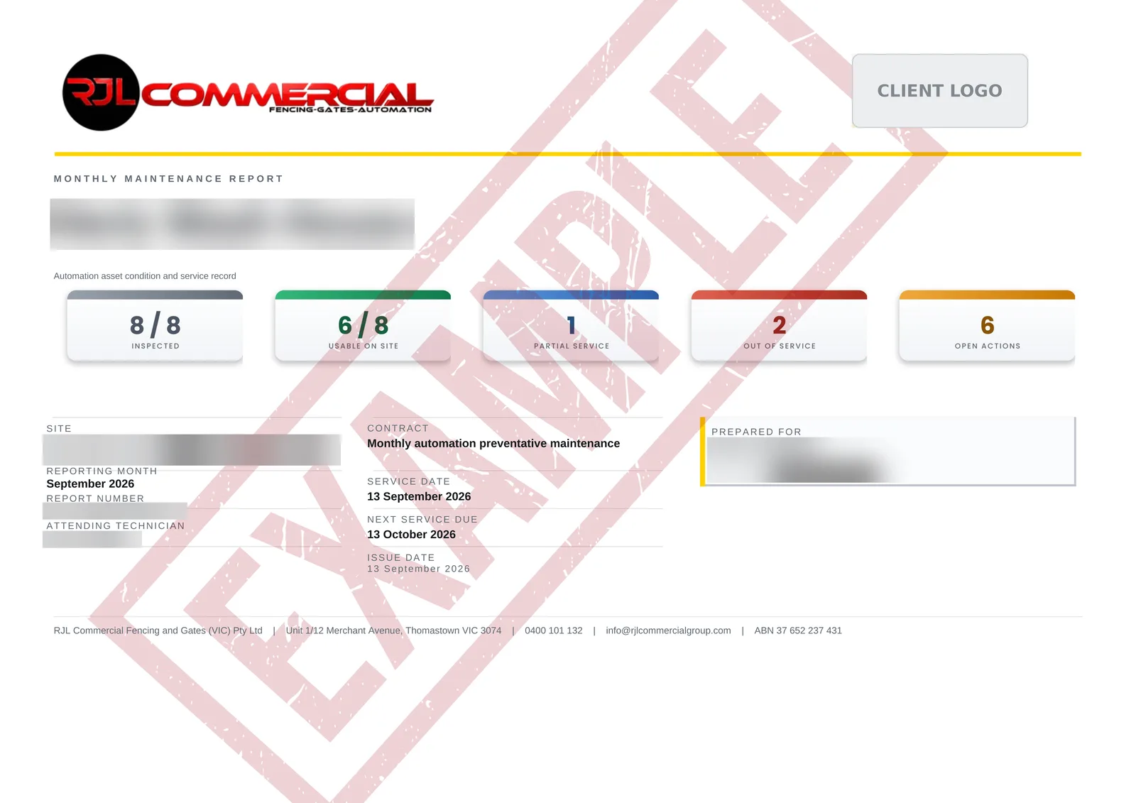 Sample RJL maintenance report cover: 8 of 8 assets inspected, status summary and next service date