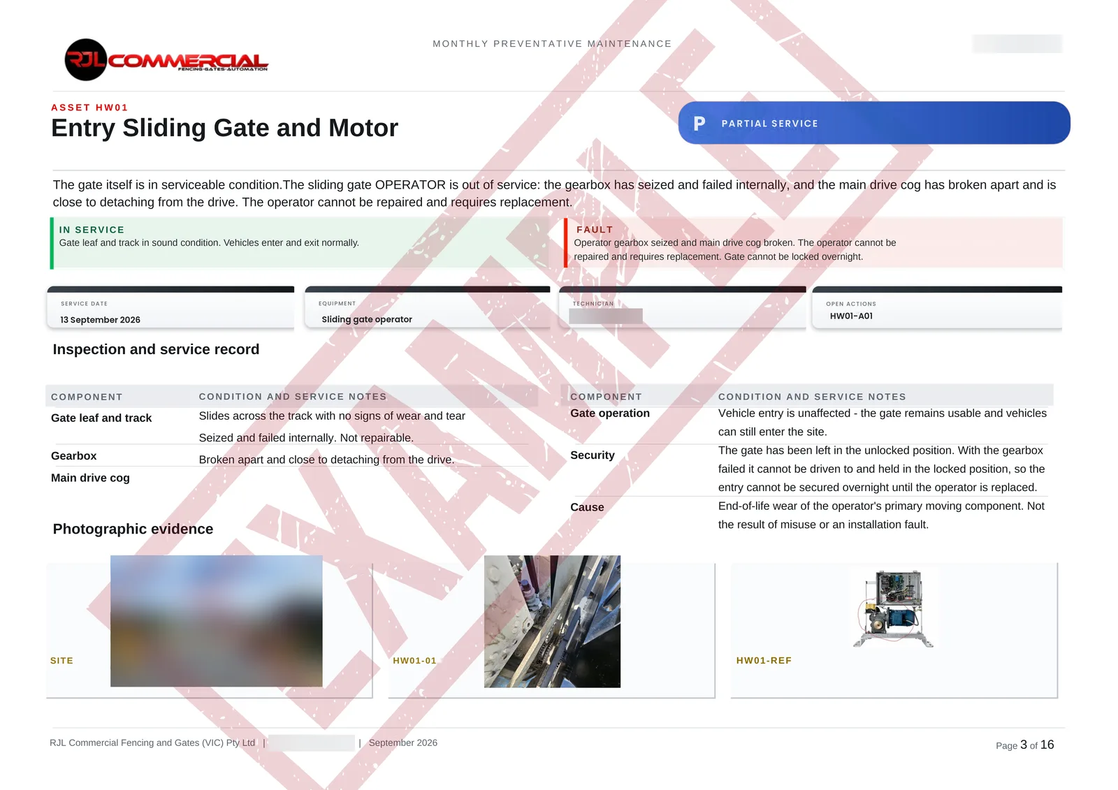Sample RJL maintenance report: single asset page with fault, service record and photo evidence